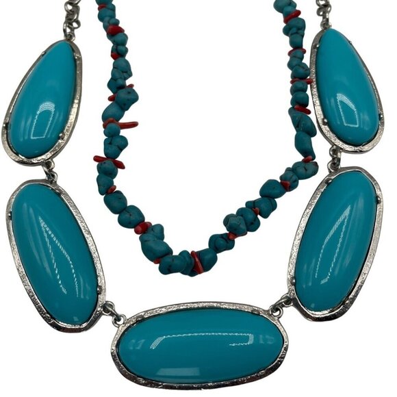 Vintage Turquoise & Silver Statement Necklace Bracelet Set Southwest Boho Coral - Picture 2 of 7
